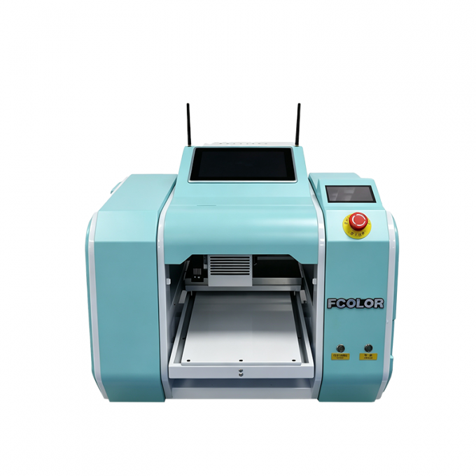 FCOLOR UV3050 — 45-degree stereo angle showing print bed depth and machine build quality