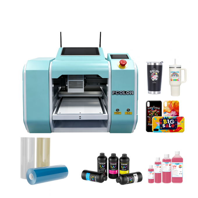 FCOLOR UV3050 — Detail and side view showing DX7 printhead, UV LED lamp bar, servo rail and ink delivery system