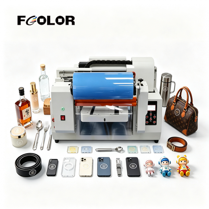 FCOLOR UFR300 UV All-in-One Printer â Front View, Light Gray body with flatbed print platform and roll media bracket